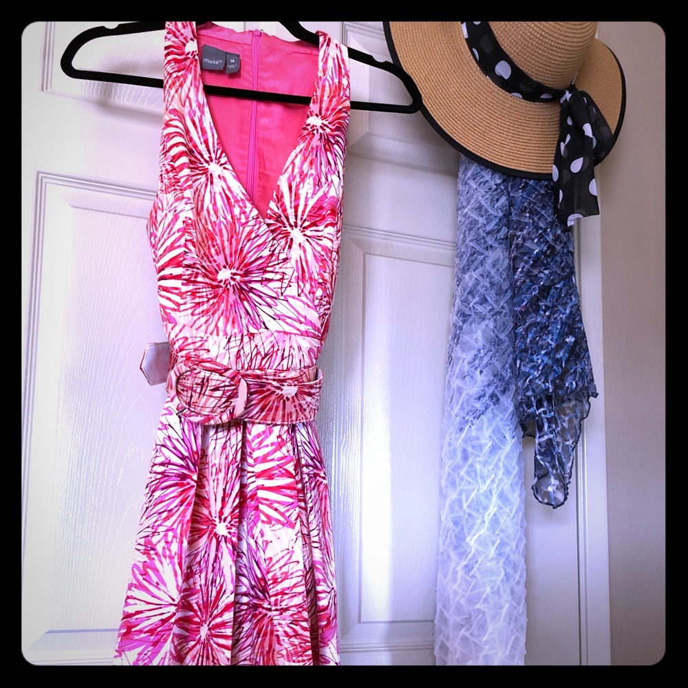 Pink Floral Belted Sleeveless Sun Dress